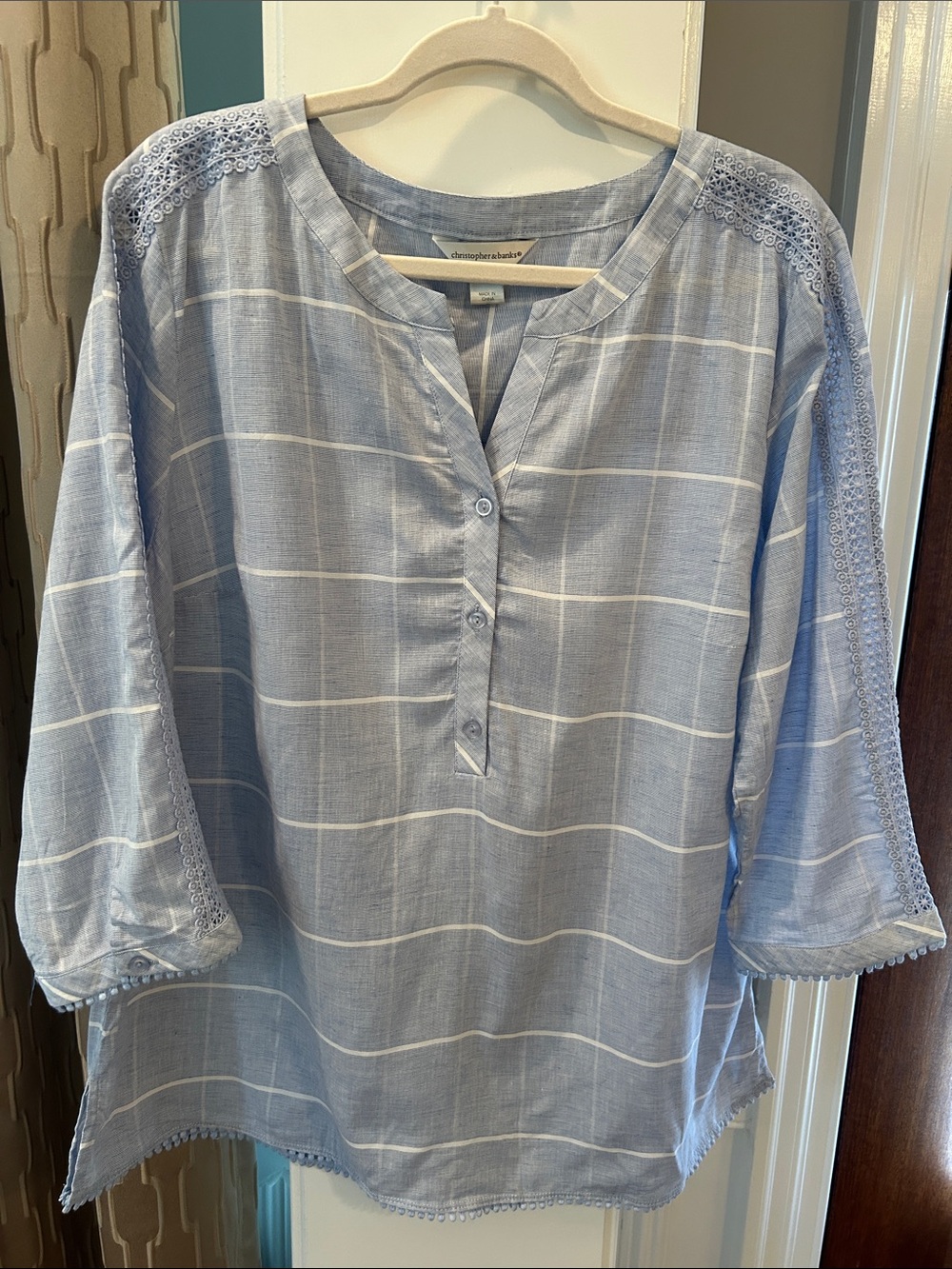 NWOT Christopher & Banks Light Blue Stripe Lace-Trim Popover Tunic